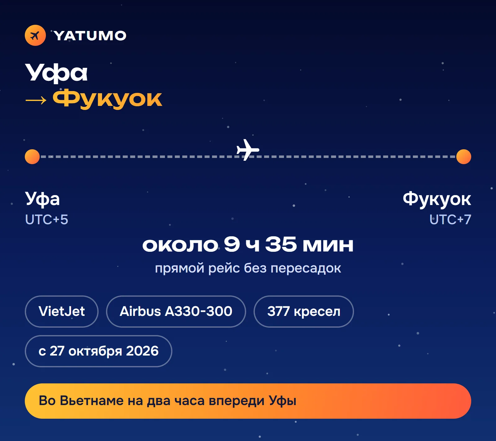 Рейс Уфа — Фукуок: VietJet, Airbus A330-300, около 9 часов 35 минут в пути, часовой пояс Вьетнама на два часа впереди